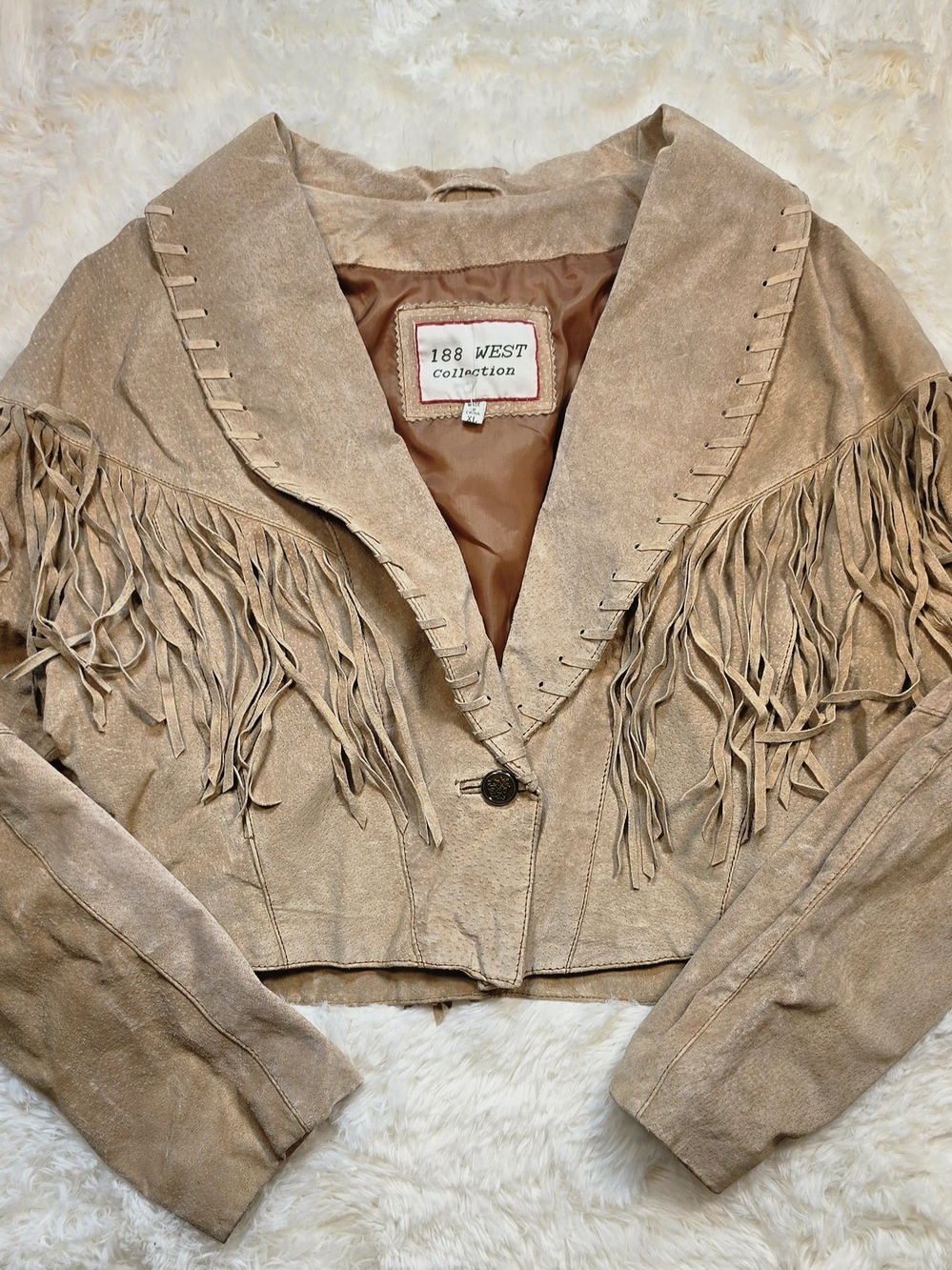 Vtg 188 West Collection Western Leather Fringe Cropped Boho Cowgirl Jacket XL